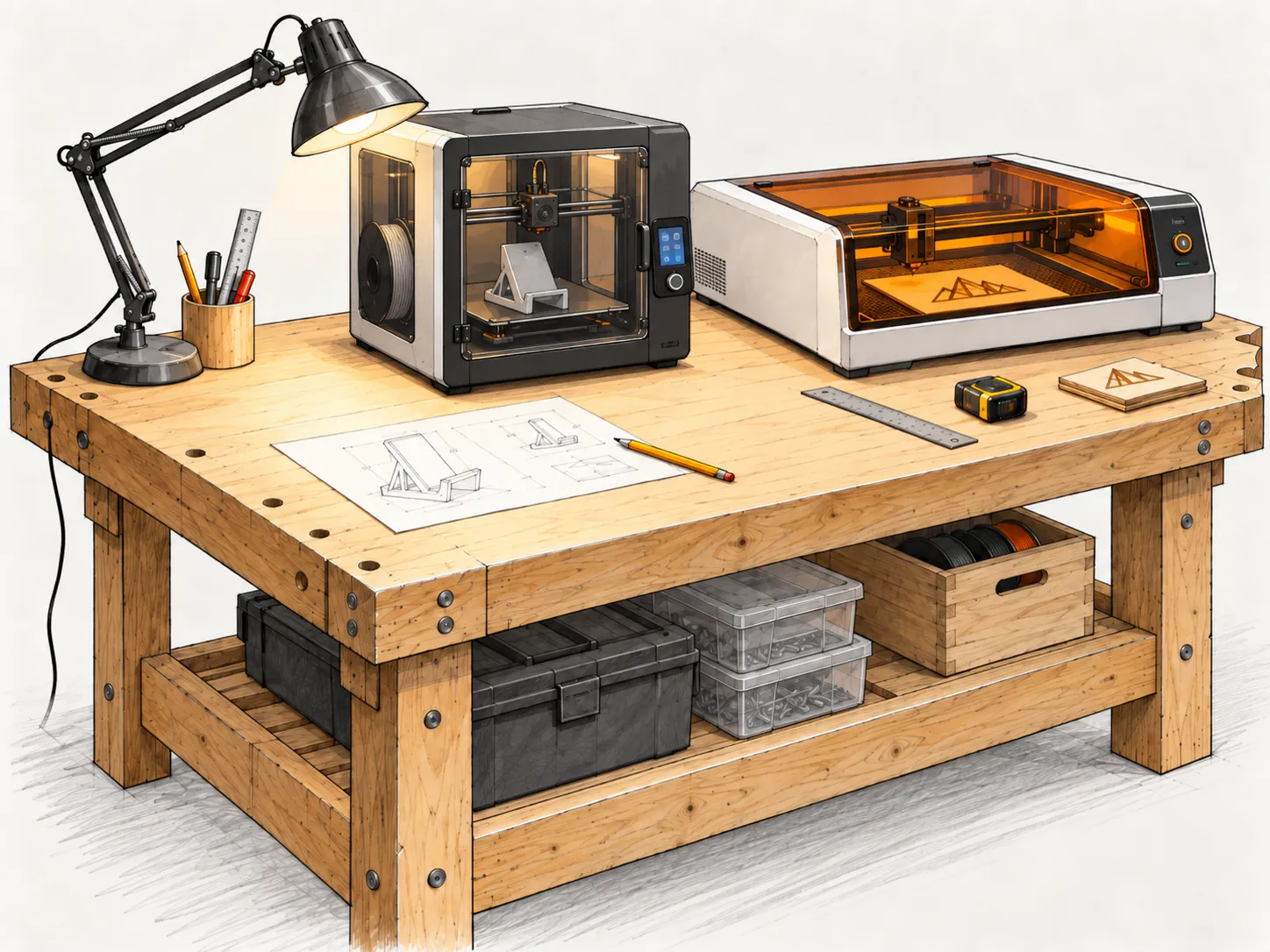 Arbejdsbord med 3D-printer, laserskærer og en lille prototype